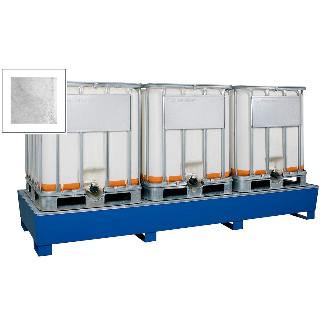 Auffangwanne für 3 IBC - 2 Abfüllböcke - 1.000 l - 820 x 3.280 x 1.300 mm (HxBxT) - enzianblau