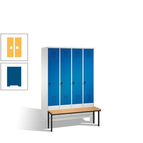 Stahl-Garderobenschrank, Spind, Buche Sitzbank vorgebaut, 4 Abteile a 300 mm, Korpus Lichtgrün, Tür Schwefelgelb, 1.850 x 1.200 x 815 mm (HxBxT)