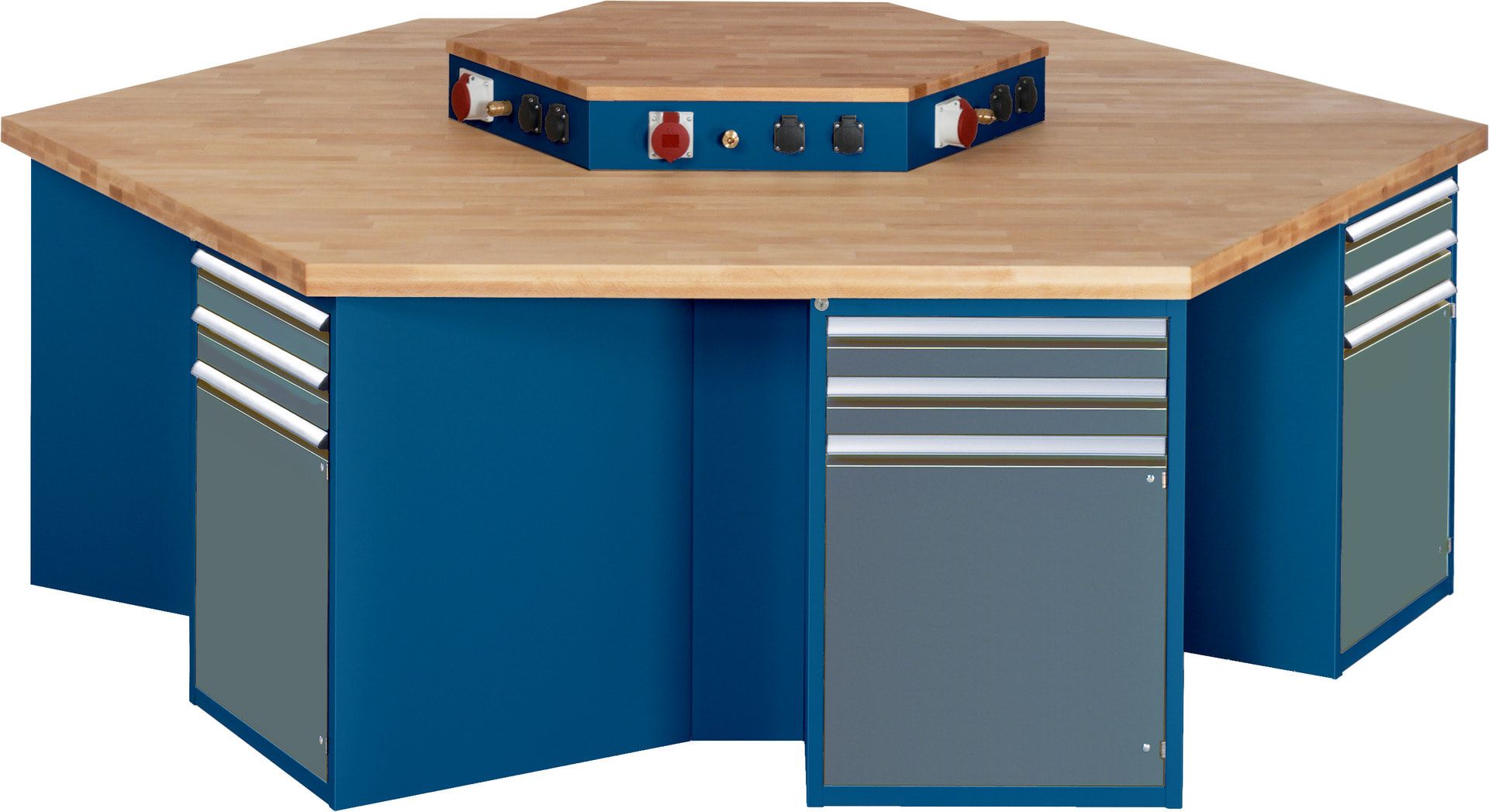 Gruppenwerkbank, Buche, Höhe 840 mm, mit Energieaufsatz, Unterbau-Container, 2 Schubladen, 1 Tür, 1 Boden - Anthrazitgrau