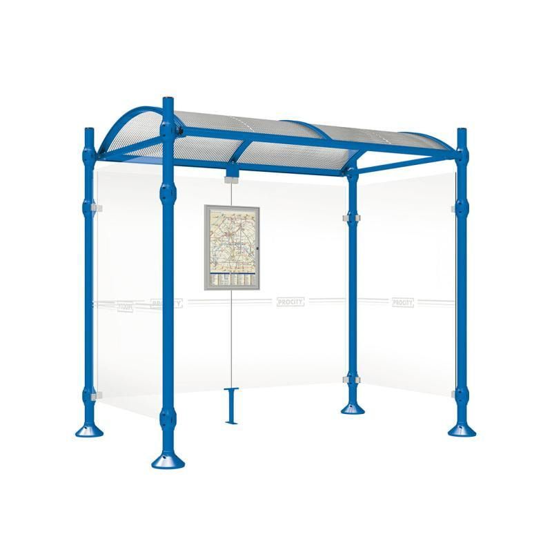 Buswartehalle, Unterstand, 2 Seitenwände, Kopf gebürsteter Edelstahl, ESG, Fahrplanschaukasten, 2.500 x 2.500 x 1.600 mm (HxBxT), Farbe enzianblau