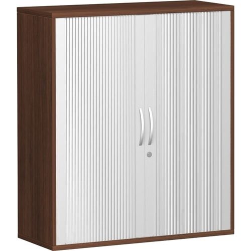 Querrollladenschrank, Dekoreinlageboden, Metallsockel/Standfüße, abschließbar, 1.152 x 1.000 x 425 mm (HxBxT), Korpusfarbe Ahorn, Frontfarbe silber
