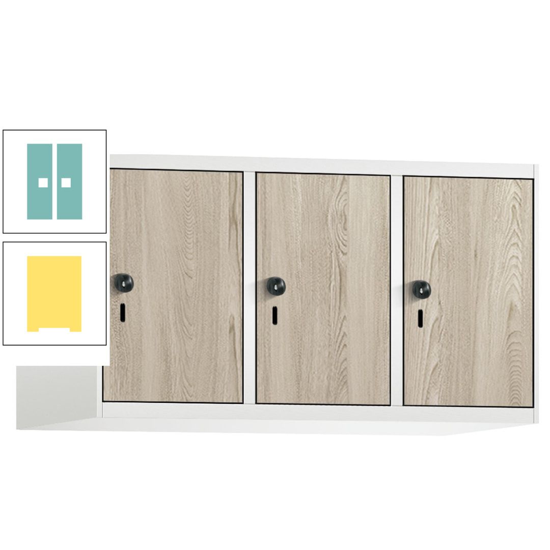 Aufsatzschrank, Schrankaufsatz, 3 Fächer a 300 mm, Farbe Pastellgelb, Tür anthrazitgrau, 500 x 900 x 500 mm (HxBxT)