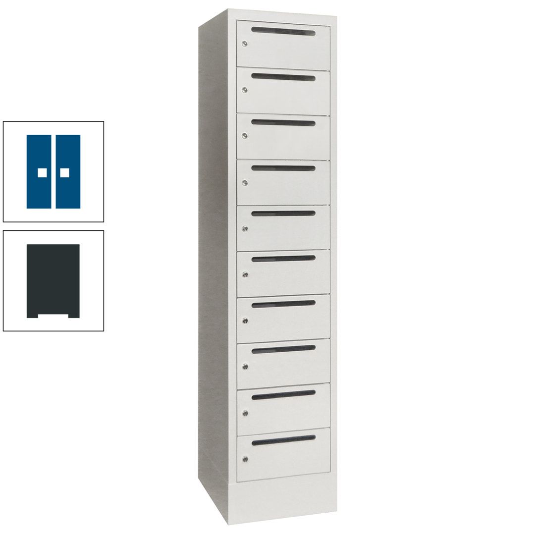 Postverteilerschrank, Schließfachschrank, 1 Abteil a 400 mm, 10 Fächer, 1.850 x 400 x 500 mm (HxBxT), Korpus anthrazitgrau, Front anthrazitgrau