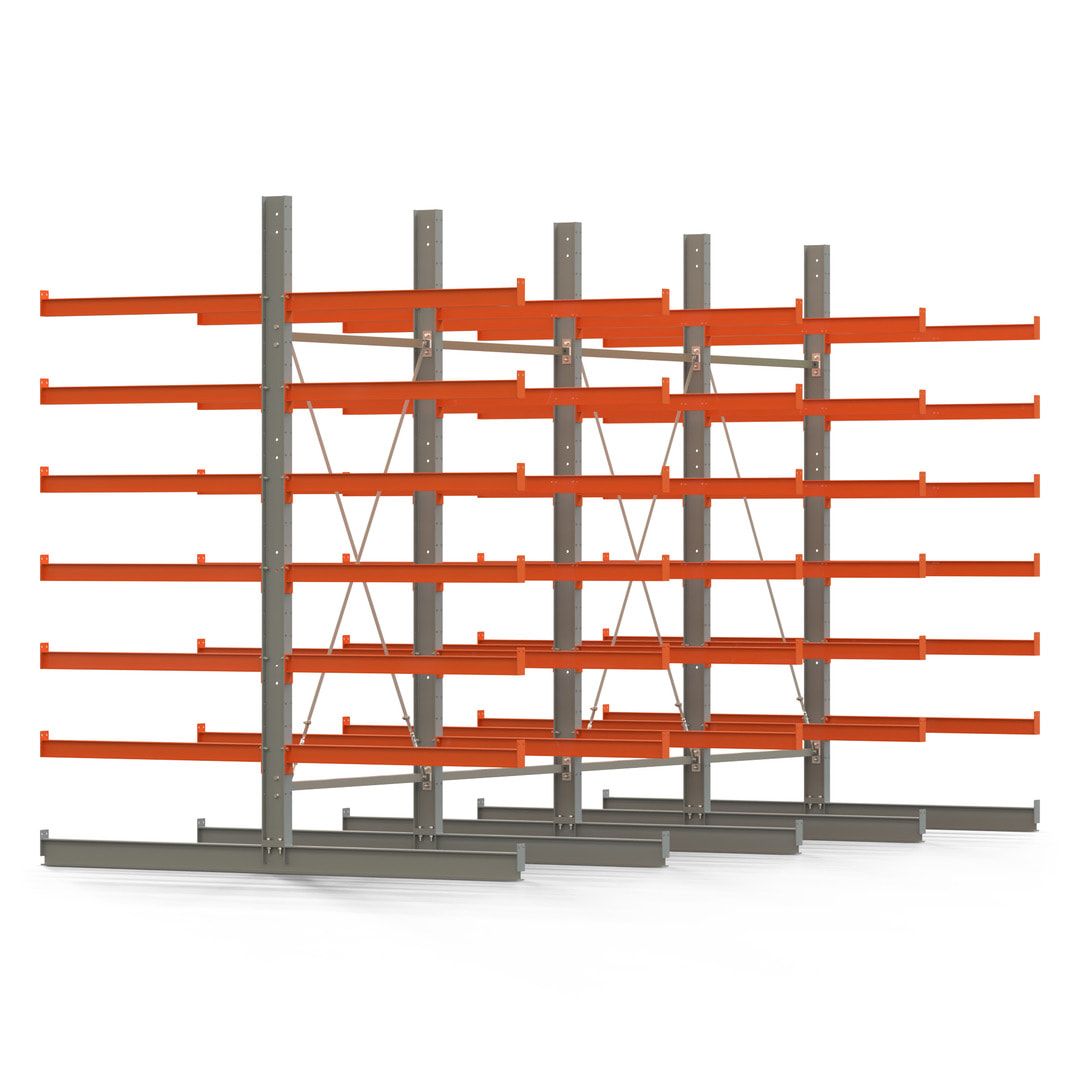 Doppelseitiges Kragarmregal, 2 Felder, 3.000 x 2.560 x 1.120 mm (HxBxT), Nutztiefe 500 mm, Kragarmlast 870 kg, KARL basic, silbergrau/reinorange