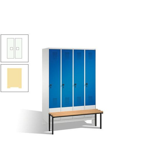 Stahl-Garderobenschrank, Spind, Buche Sitzbank vorgebaut, 4 Abteile a 300 mm, Korpus Lichtgrün, Tür Schwefelgelb, 1.850 x 1.200 x 815 mm (HxBxT)