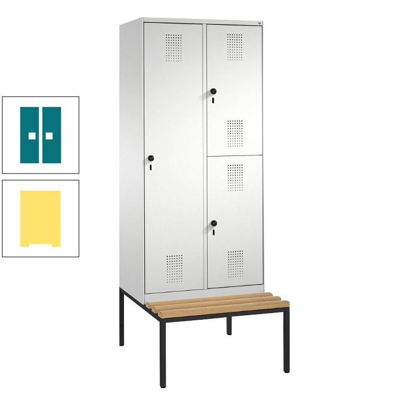 Garderobenschrank, Spind ein- und doppelstöckig Sitzbank, 2 Abteile, 3 Fächer, 2.090 x 800 x 500 mm (HxBxT), Front anthrazitgrau, Korpus anthrazitgrau