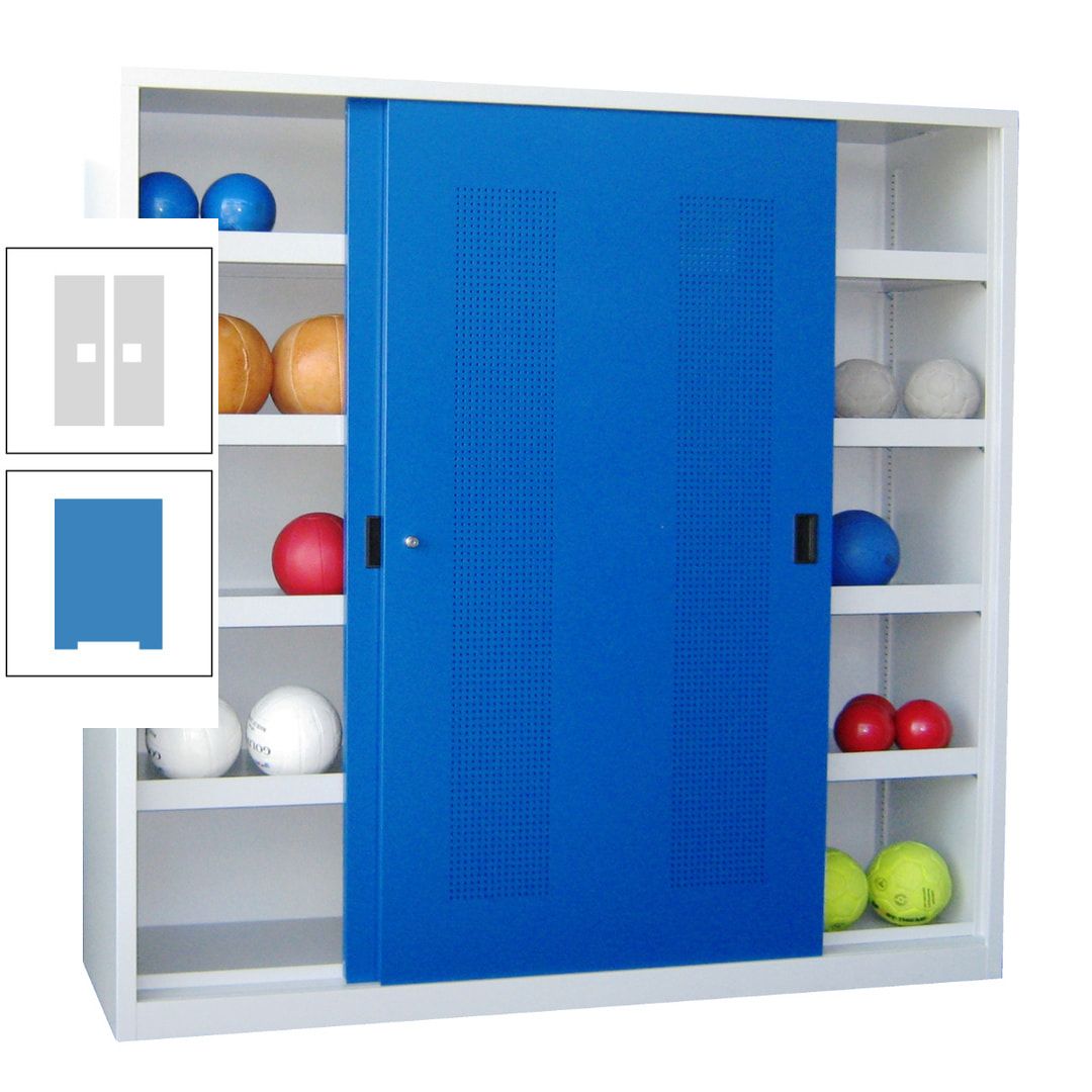 Ballschrank - Schiebetüren mit Lochfeld - Trennwand - 8 Böden - 1.950x2.000x600 mm (HxBxT) - anthrazitgrau