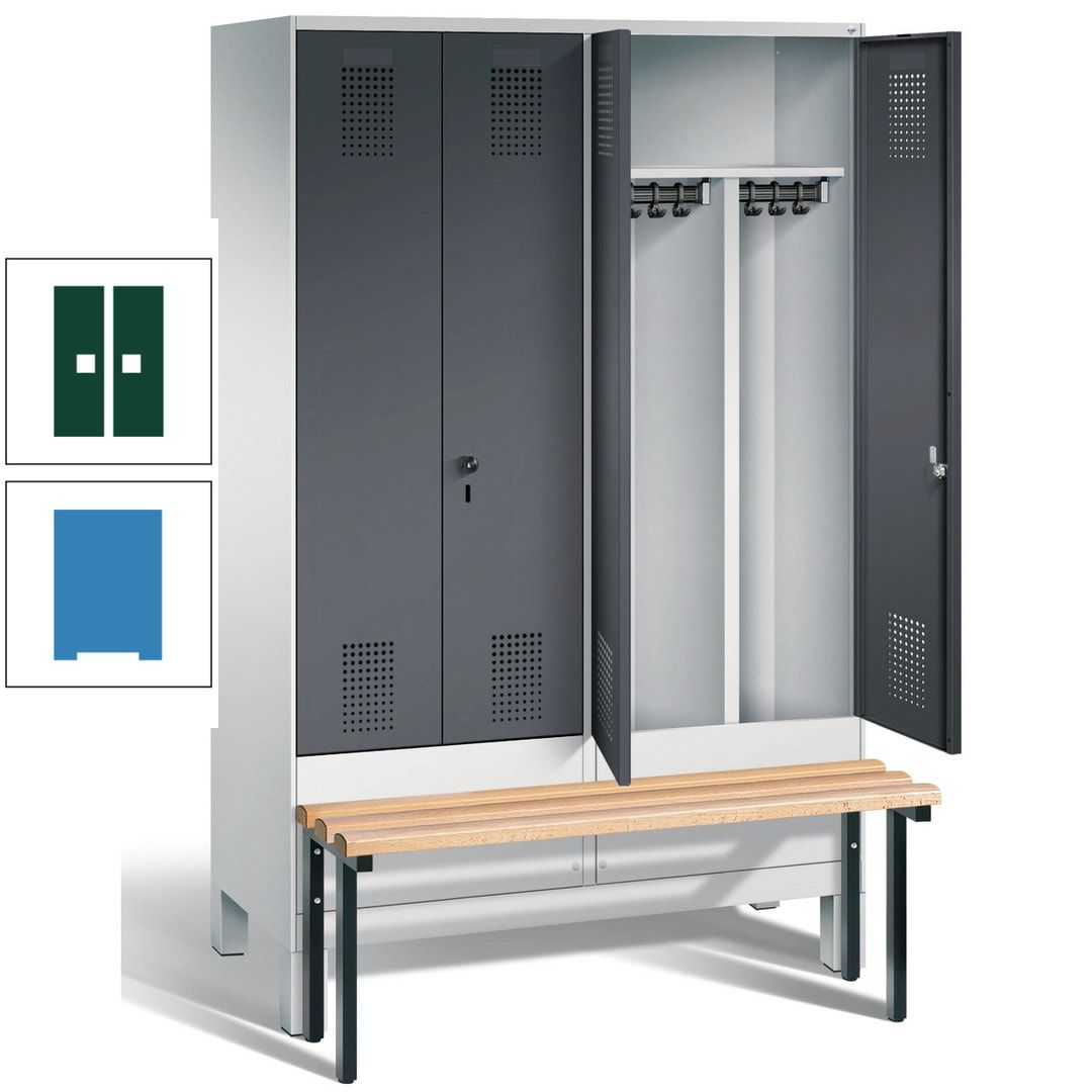 Doppel-Spind, Garderobenschrank, Buche Sitzbank vorgebaut, 4 Abteile a 300 mm, Korpus feuerrot, Tür Wasserblau, 1.850 x 1.200 x 815 mm (HxBxT)