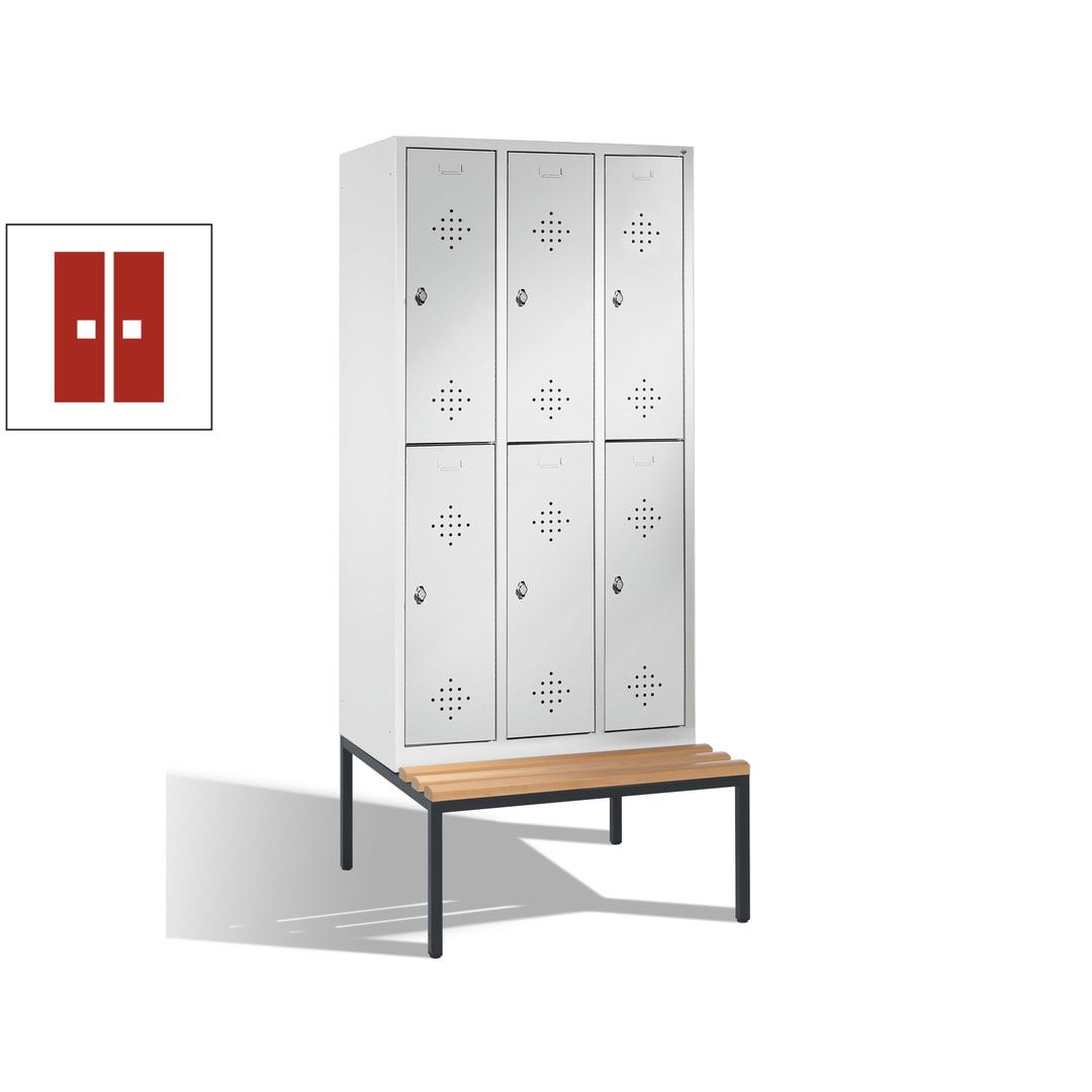 Garderobenschrank, Spind, 3 Abteile 6 Fächer, 2.090 x 1.200 x 815 mm (HxBxT), Hartholz Sitzbank untergebaut, Korpus anthrazitgrau, Türen anthrazitgrau