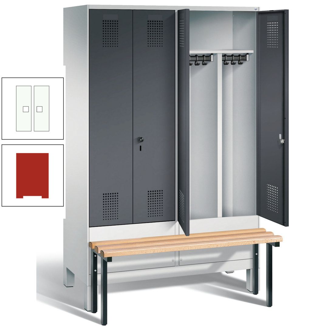 Doppel-Spind, Garderobenschrank, Buche Sitzbank vorgebaut, 4 Abteile a 300 mm, Korpus feuerrot, Tür Wasserblau, 1.850 x 1.200 x 815 mm (HxBxT)