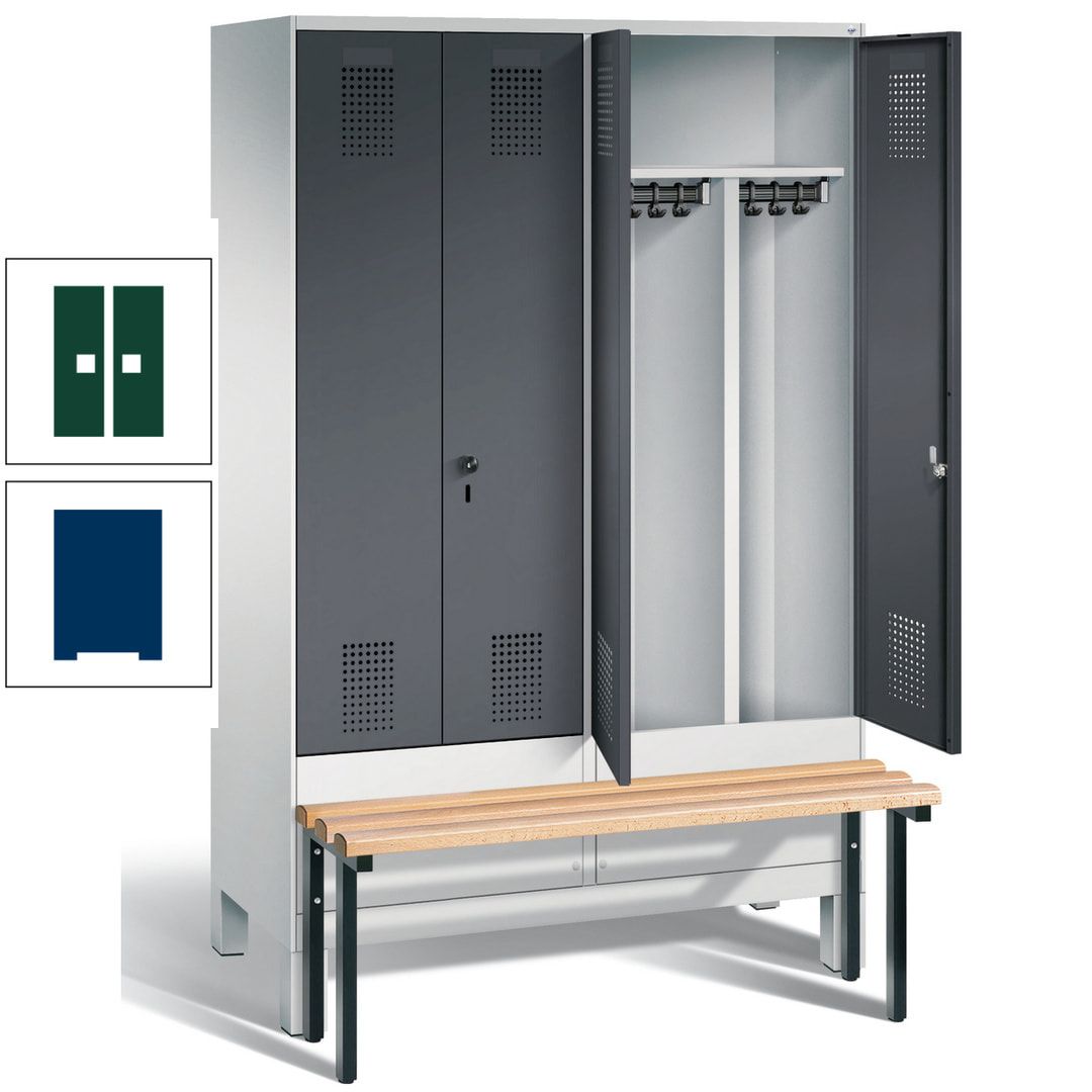 Doppel-Spind, Garderobenschrank, Buche Sitzbank vorgebaut, 4 Abteile a 300 mm, Korpus feuerrot, Tür Wasserblau, 1.850 x 1.200 x 815 mm (HxBxT)