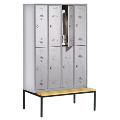 Garderobenschrank, Spind, 4 Abteile 8 Fächer, 2.090 x 1.190 x 815 mm (HxBxT), Hartholz Sitzbank untergebaut, Korpus anthrazitgrau, Türen anthrazitgrau