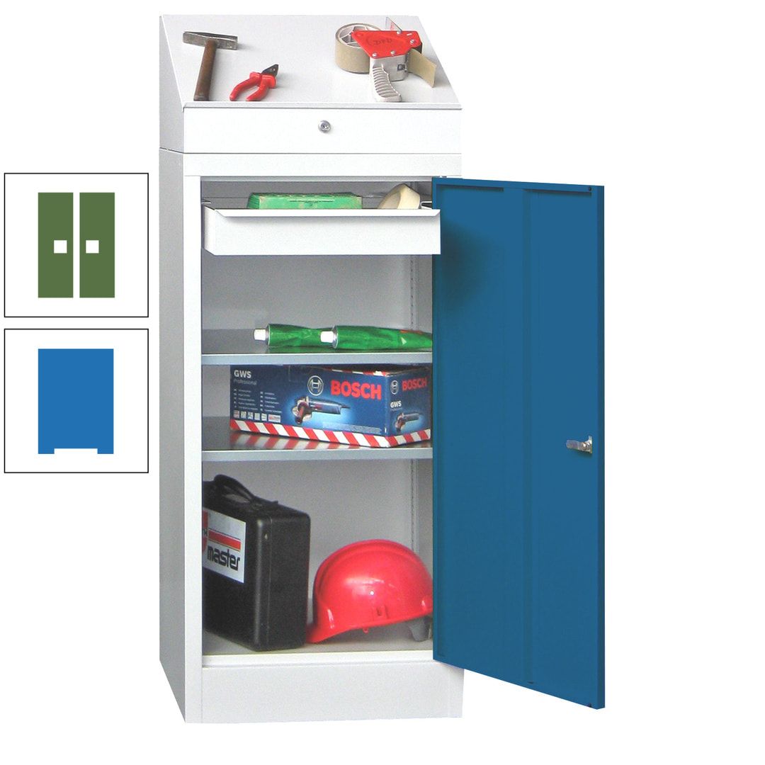Stehpult mit Schrank - Vollblechtür - 1 Einlegeboden, 1 Ausziehboden, 1 Schublade - 1.270x500x500 mm (HxBxT) - anthrazitgrau