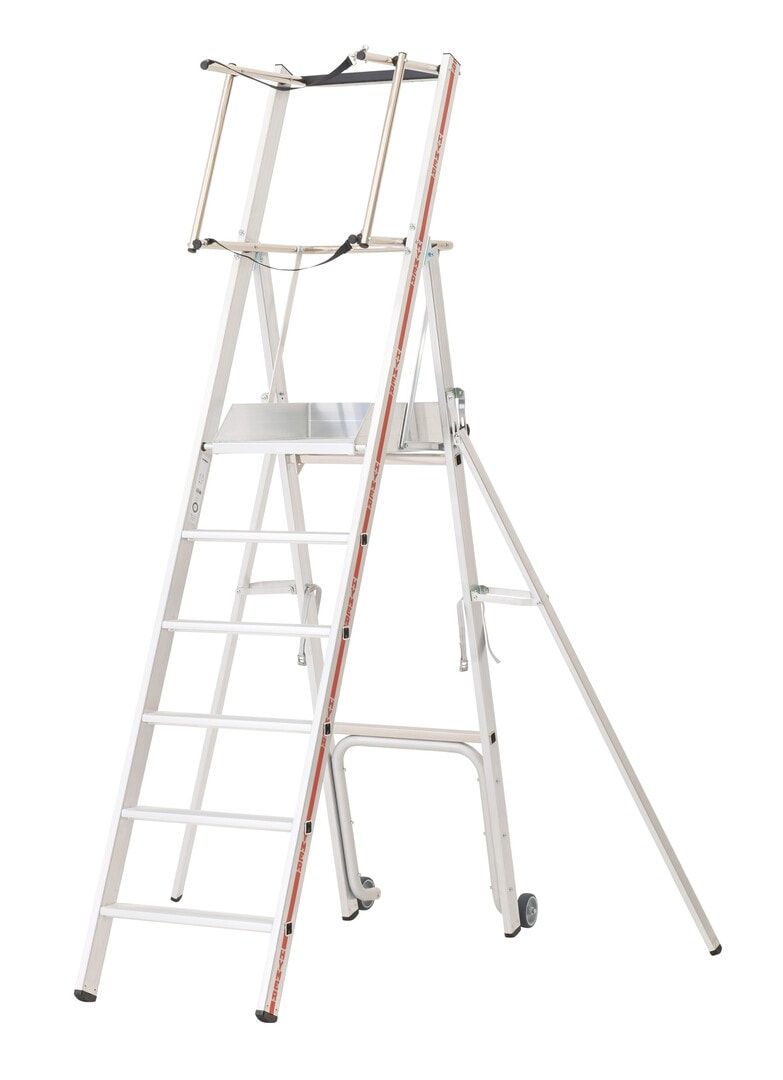 Plattformleiter mit kurzem Handlauf, Absturzsicherung, 2 Kipprollen, Rutschhemmung R11, Leiterlänge 1.610 mm, 2 Stufen, Traglast 150 kg, Hymer