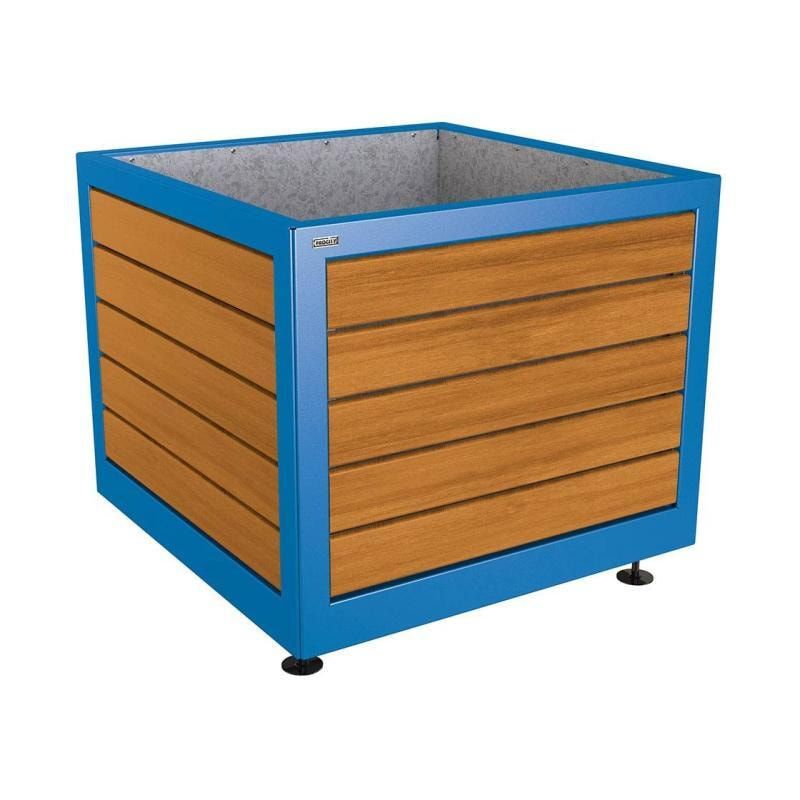Pflanzbehälter, Stahl und Holz, verstellbare Füße, Innenverkleidung feuerverzinkt, 800 x 1.000 x 1.000 mm (HxBxT), Farbe enzianblau