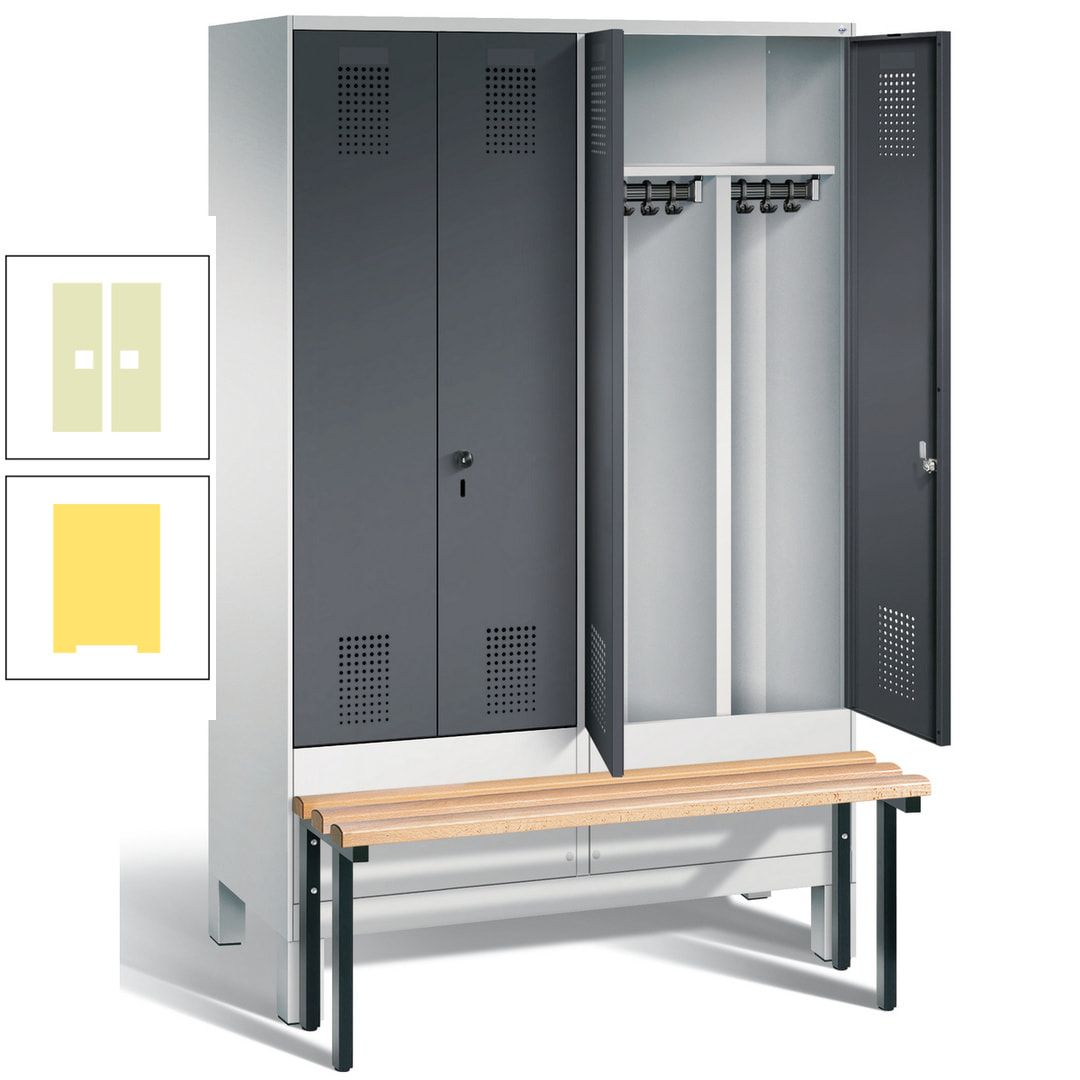 Doppel-Spind, Garderobenschrank, Buche Sitzbank vorgebaut, 4 Abteile a 300 mm, Korpus feuerrot, Tür Wasserblau, 1.850 x 1.200 x 815 mm (HxBxT)