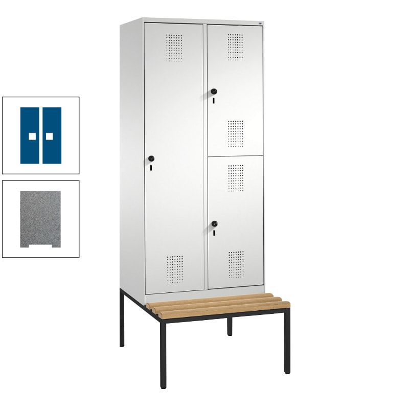 Garderobenschrank, Spind ein- und doppelstöckig Sitzbank, 2 Abteile, 3 Fächer, 2.090 x 800 x 500 mm (HxBxT), Front anthrazitgrau, Korpus anthrazitgrau