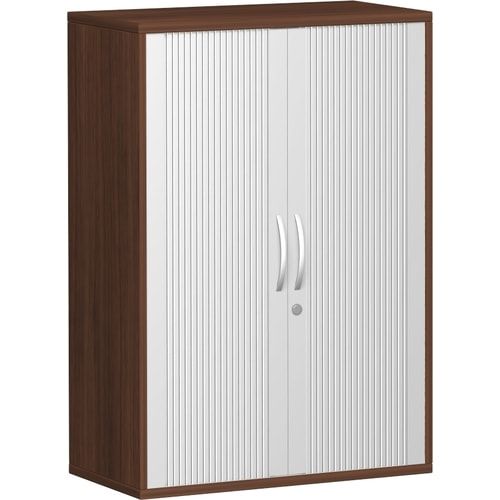 Querrollladenschrank, Dekoreinlageboden, Metallsockel/Standfüße, abschließbar, 1.152 x 1.000 x 425 mm (HxBxT), Korpusfarbe Ahorn, Frontfarbe silber