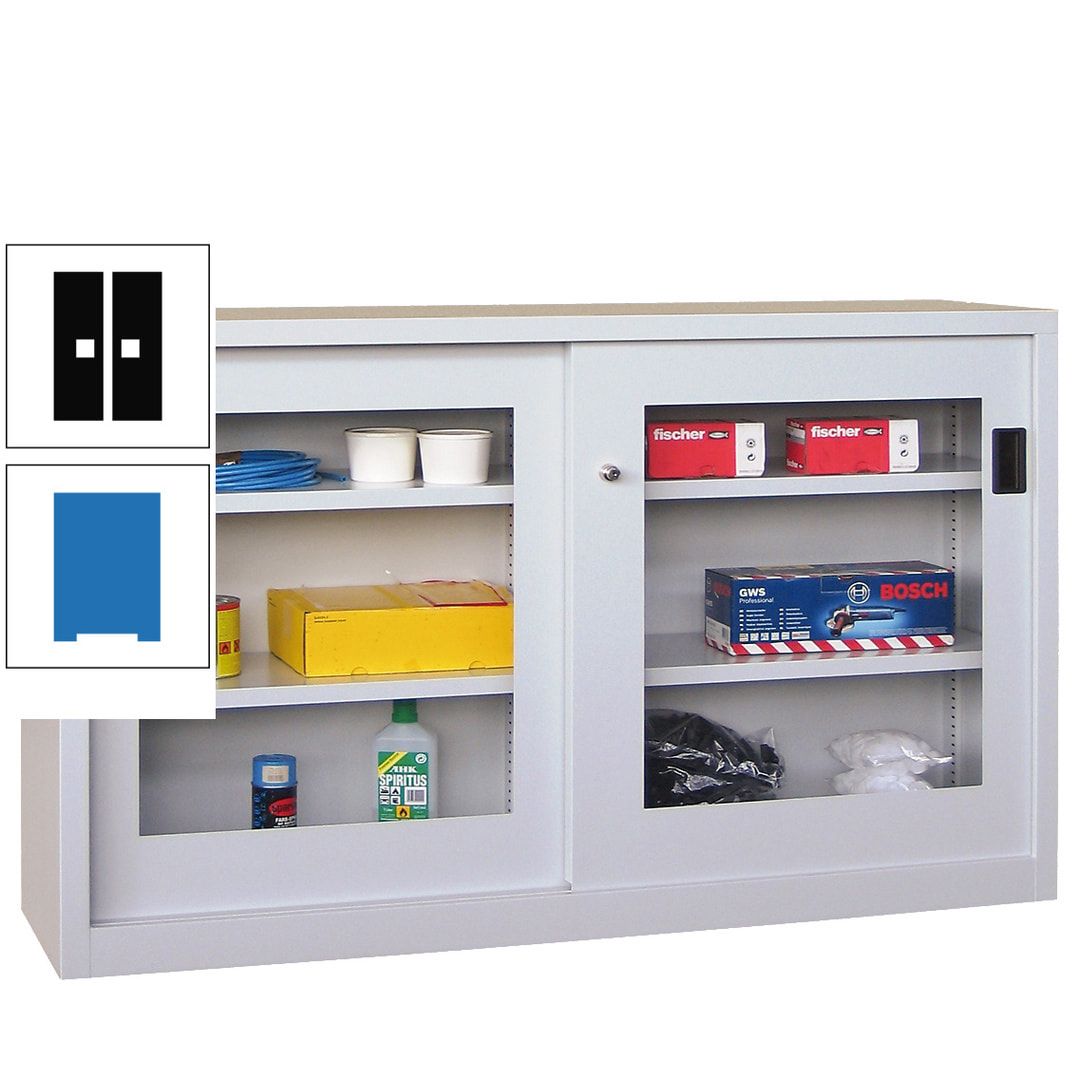 Schiebetürenschrank - Sichtfenstertüren - 1.000x1.500x600 mm (HxBxT) - 4 Böden, verzinkt - Zylinderschloss - anthrazitgrau