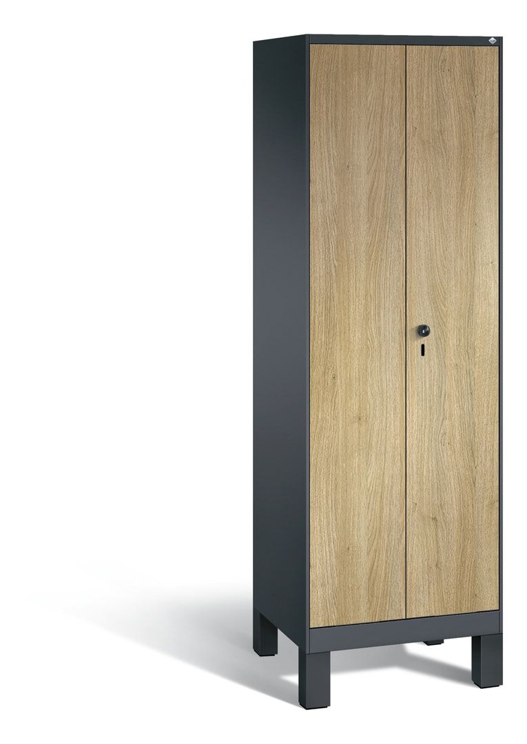 Doppel-Spind, Garderobenschrank mit Füßen, 2 Abteile a 300 mm, Korpus anthrazitgrau, Tür Dekorfront HPL Donau-Ahorn, 1.850 x 600 x 500 mm (HxBxT)