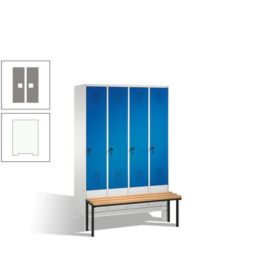 Stahl-Garderobenschrank, Spind, Buche Sitzbank vorgebaut, 4 Abteile a 300 mm, Korpus Lichtgrün, Tür Schwefelgelb, 1.850 x 1.200 x 815 mm (HxBxT)