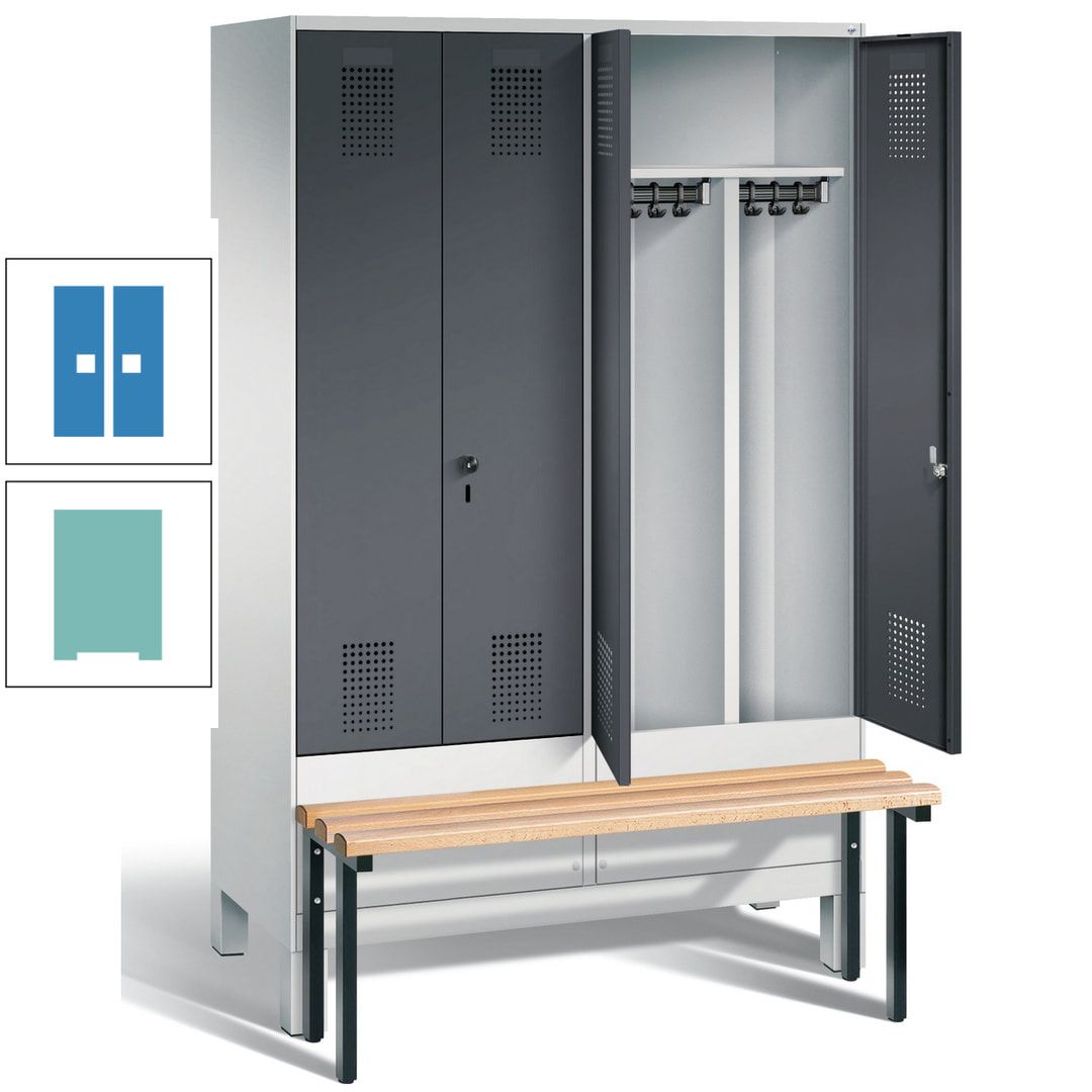 Doppel-Spind, Garderobenschrank, Buche Sitzbank vorgebaut, 4 Abteile a 300 mm, Korpus feuerrot, Tür Wasserblau, 1.850 x 1.200 x 815 mm (HxBxT)