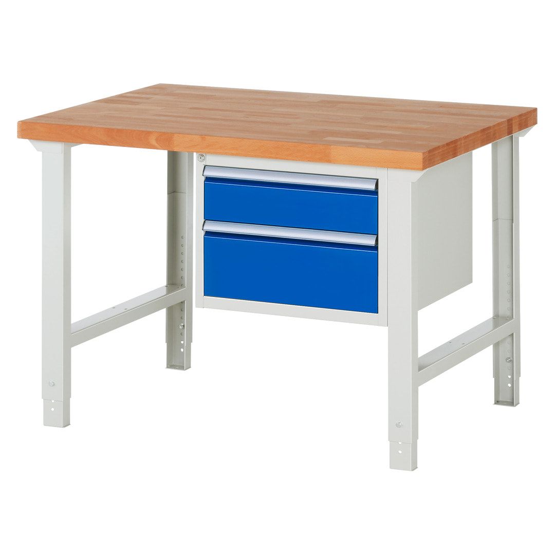 Werkbank - 2 Schubladen - Teilauszug - 150:1 / 210:1 - Höhe 790-1.140 mm - 1.250 x 900 mm (BxT) - 750 kg - Buche - Anthrazitgrau