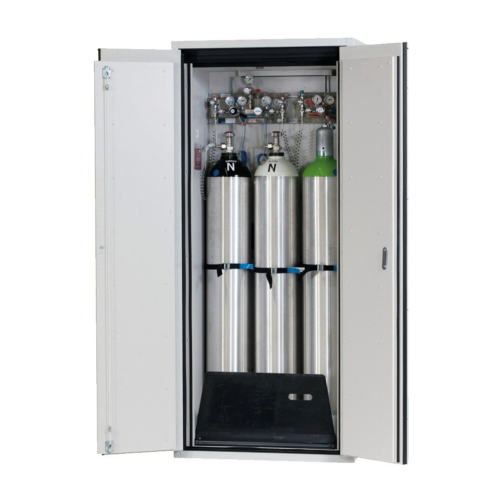 Druckgasflaschenschrank, Gasflaschenschrank, für 1 x 50 l Gasflasche, Schutzgas, Feuerwiderstand G90, 2.050 x 598 x 615 mm, lichtgrau