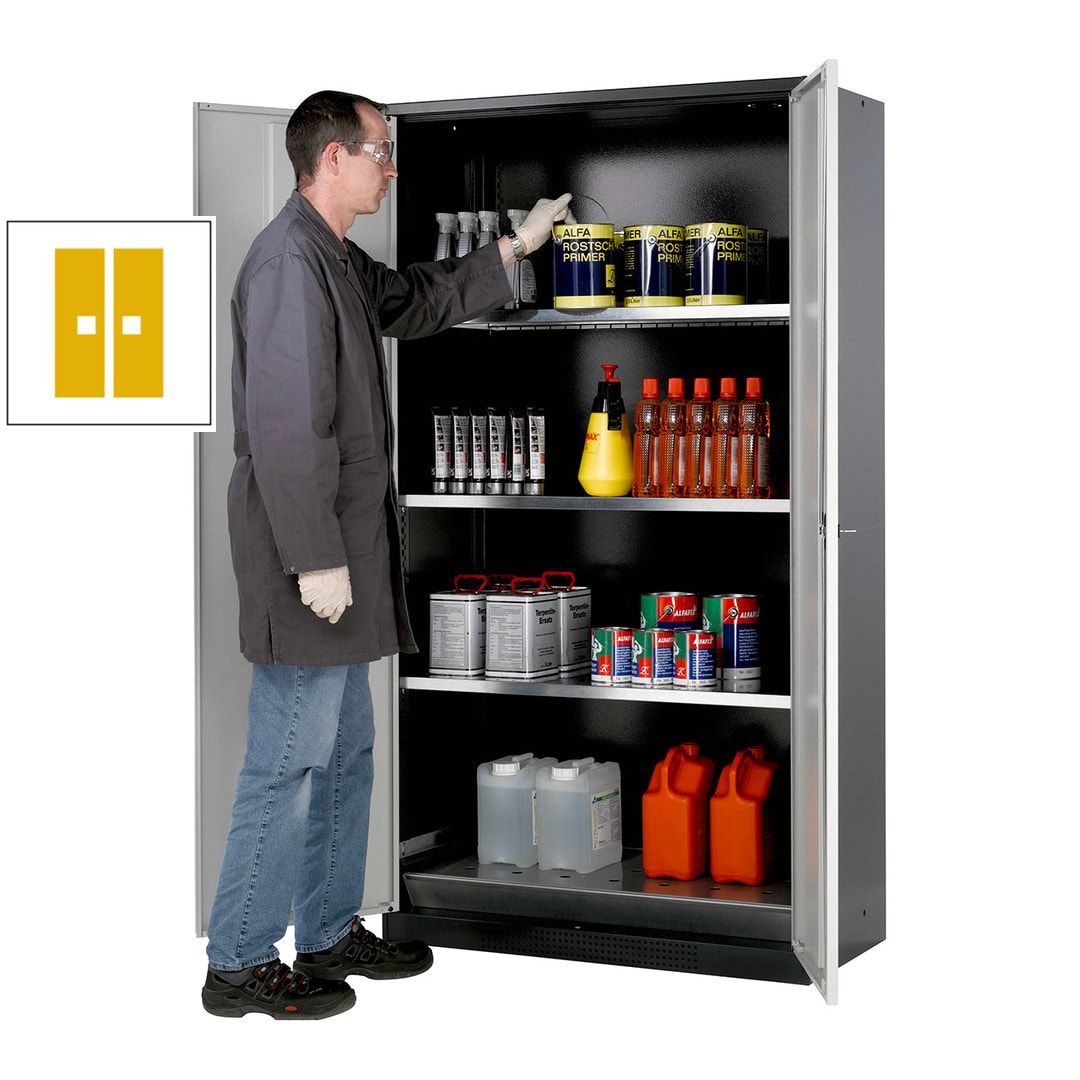 Chemikalienschrank - Falttüren, enzianblau - 3 Fachböden - 1.950 x 1.055 x 520 mm (HxBxT) - Stahl, pulverbeschichtet