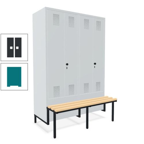 Doppel-Spind, Garderobenschrank, Buche Sitzbank integriert, 4 Abteile 300 mm, Korpus anthrazitgrau, Tür anthrazitgrau, 1.850 x 1.200 x 815 mm (HxBxT)