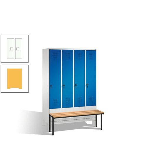 Stahl-Garderobenschrank, Spind, Buche Sitzbank vorgebaut, 4 Abteile a 300 mm, Korpus Lichtgrün, Tür Schwefelgelb, 1.850 x 1.200 x 815 mm (HxBxT)