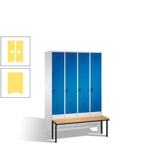 Stahl-Garderobenschrank, Spind, Buche Sitzbank vorgebaut, 4 Abteile a 300 mm, Korpus Lichtgrün, Tür Schwefelgelb, 1.850 x 1.200 x 815 mm (HxBxT)
