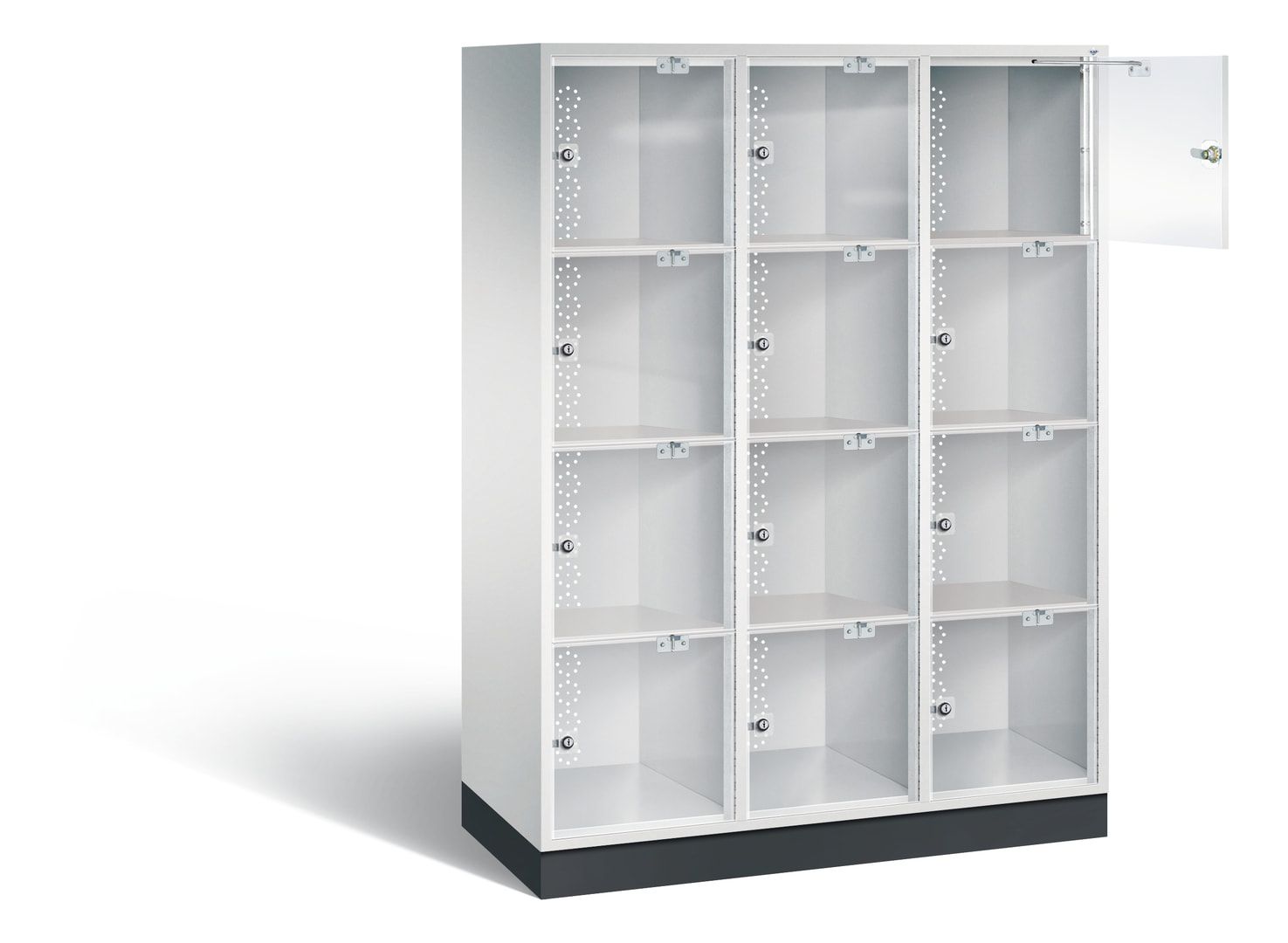 Schließfachschrank, Fächerschrank mit Türen aus Acrylglas, 3 Abteile, 12 Fächer, Zylinderschloss, 1.750 x 1.220 x 500 mm (HxBxT), Korpus anthrazitgrau