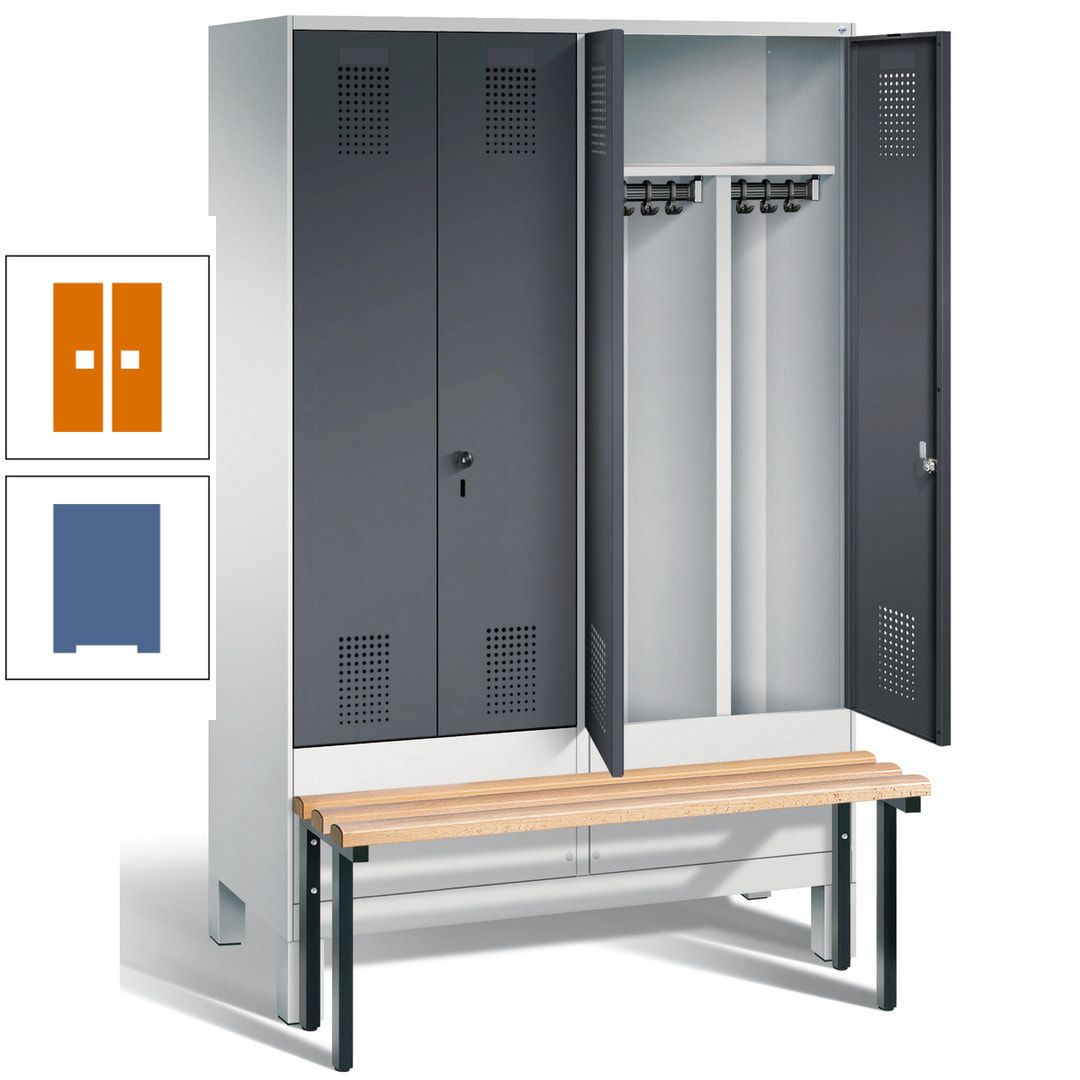 Doppel-Spind, Garderobenschrank, Buche Sitzbank vorgebaut, 4 Abteile a 300 mm, Korpus feuerrot, Tür Wasserblau, 1.850 x 1.200 x 815 mm (HxBxT)