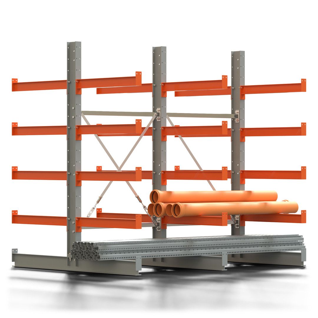 Doppelseitiges Kragarmregal, 2 Felder, 2.000 x 2.000 x 1.120 mm (HxBxT), Nutztiefe 500 mm, Kragarmlast 870 kg, KARL basic, silbergrau/reinorange