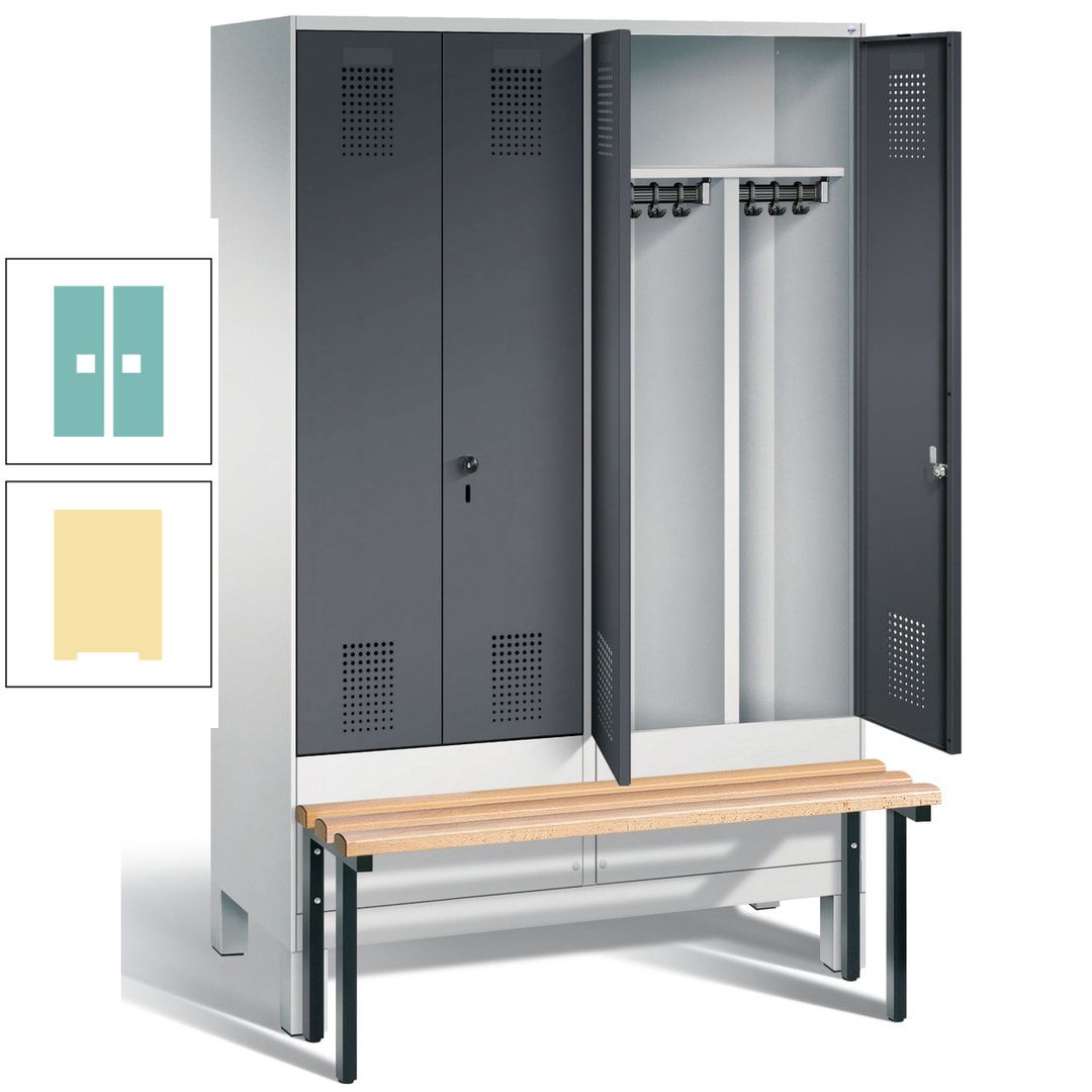 Doppel-Spind, Garderobenschrank, Buche Sitzbank vorgebaut, 4 Abteile a 300 mm, Korpus feuerrot, Tür Wasserblau, 1.850 x 1.200 x 815 mm (HxBxT)