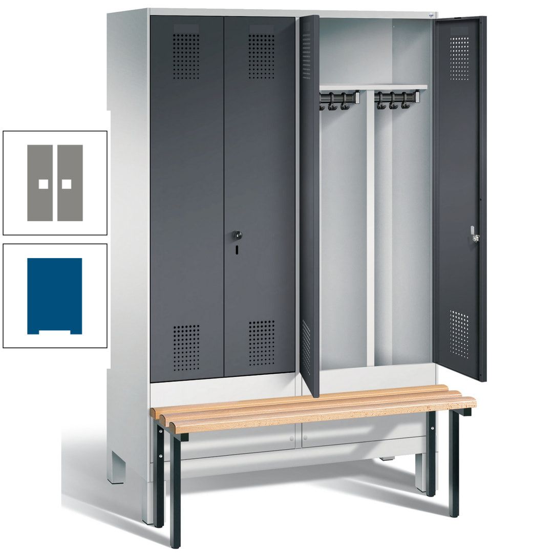 Doppel-Spind, Garderobenschrank, Buche Sitzbank vorgebaut, 4 Abteile a 300 mm, Korpus feuerrot, Tür Wasserblau, 1.850 x 1.200 x 815 mm (HxBxT)
