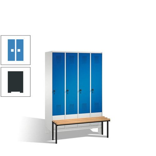 Stahl-Garderobenschrank, Spind, Buche Sitzbank vorgebaut, 4 Abteile a 300 mm, Korpus Lichtgrün, Tür Schwefelgelb, 1.850 x 1.200 x 815 mm (HxBxT)