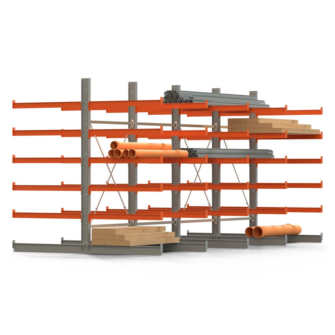 Doppelseitiges Kragarmregal, 2 Felder, 2.500 x 2.560 x 1.120 mm (HxBxT), Nutztiefe 500 mm, Kragarmlast 870 kg, KARL basic, silbergrau/reinorange
