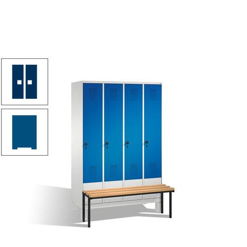 Stahl-Garderobenschrank, Spind, Buche Sitzbank vorgebaut, 4 Abteile a 300 mm, Korpus Lichtgrün, Tür Schwefelgelb, 1.850 x 1.200 x 815 mm (HxBxT)