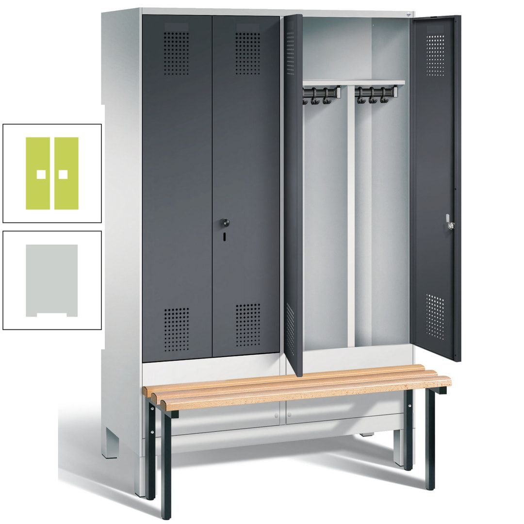 Doppel-Spind, Garderobenschrank, Buche Sitzbank vorgebaut, 4 Abteile a 300 mm, Korpus feuerrot, Tür Wasserblau, 1.850 x 1.200 x 815 mm (HxBxT)