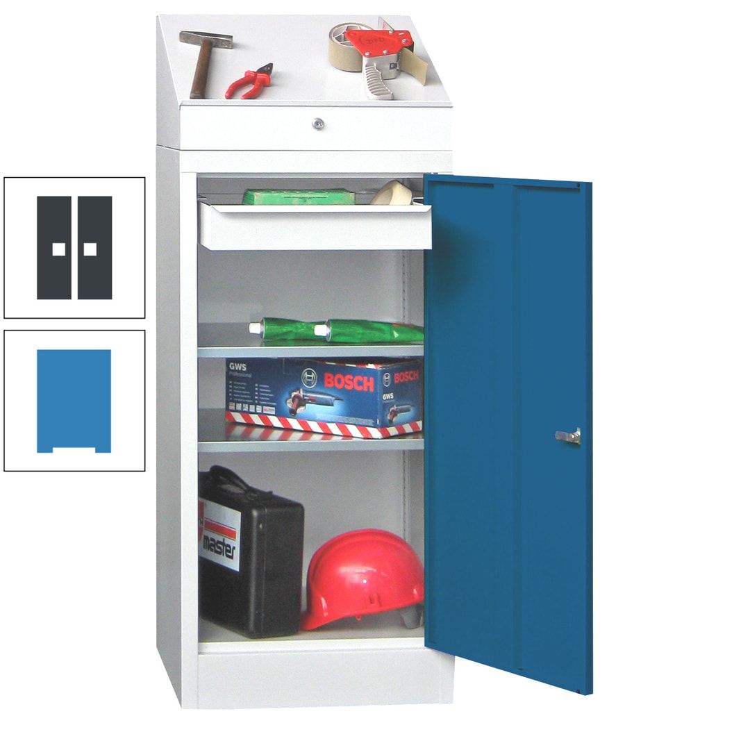 Stehpult mit Schrank - Vollblechtür - 1 Einlegeboden, 1 Ausziehboden, 1 Schublade - 1.270x500x500 mm (HxBxT) - anthrazitgrau