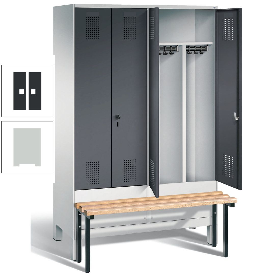 Doppel-Spind, Garderobenschrank, Buche Sitzbank vorgebaut, 4 Abteile a 300 mm, Korpus feuerrot, Tür Wasserblau, 1.850 x 1.200 x 815 mm (HxBxT)