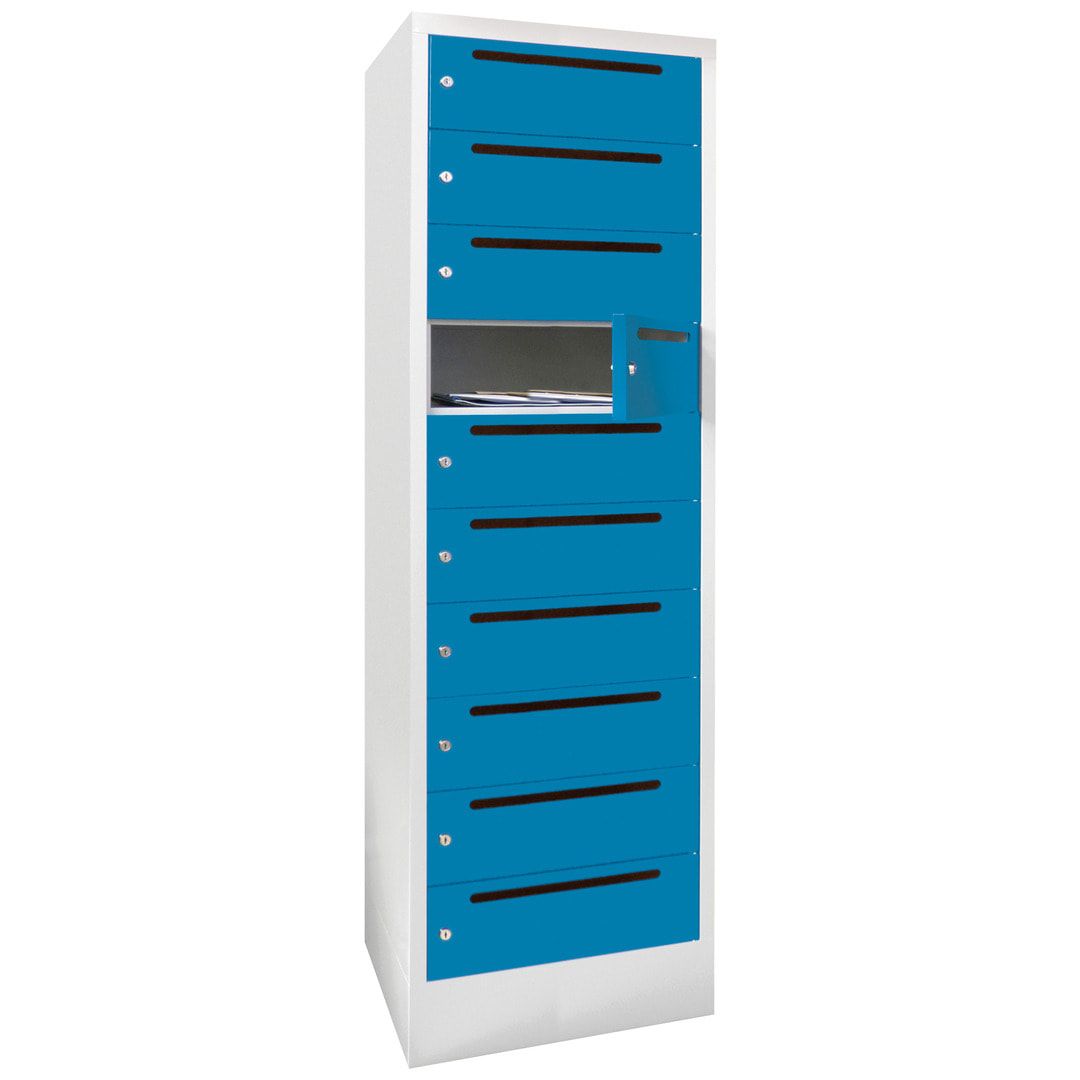 Postverteilerschrank, Schließfachschrank, 1 Abteil a 400 mm, 10 Fächer, 1.850 x 400 x 500 mm (HxBxT), Korpus anthrazitgrau, Front anthrazitgrau