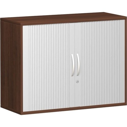 Anstell-Querrollladenschrank, Dekoreinlageboden, Stellfüße, abschließbar, 720 x 1.000 x 425 mm (HxBxT), Korpusfarbe Ahorn, Frontfarbe silber