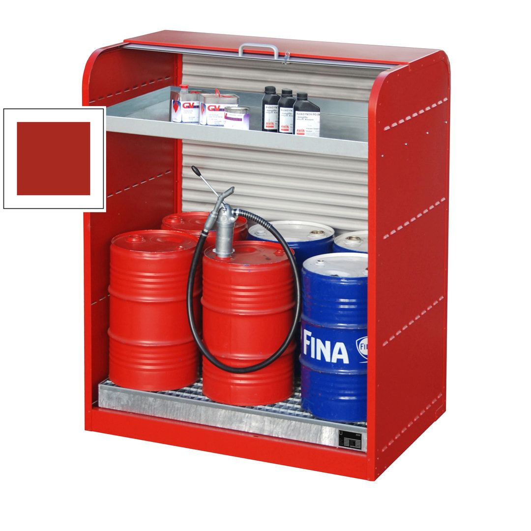Gefahrstoffschrank mit Rollladen - für 6 x 60-l-Fass - 1 Kleingebindewanne - feuerrot