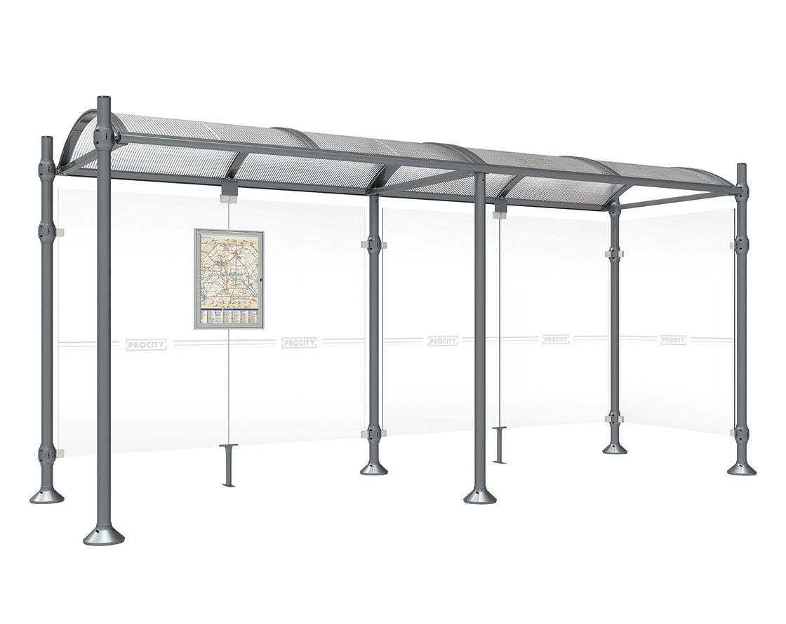 Buswartehalle, Unterstand, 2 Seitenwände, Kopf gebürsteter Edelstahl, ESG, Fahrplanschaukasten, 2.500 x 2.500 x 1.600 mm (HxBxT), Farbe enzianblau