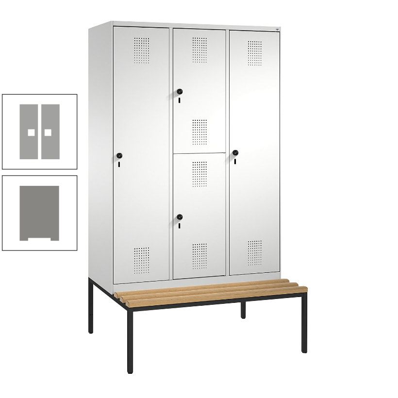 Garderobenschrank, Spind ein- und doppelstöckig Sitzbank, 3 Abteile, 4 Fächer, 2.090x1.200x500 mm (HxBxT), Front anthrazitgrau, Korpus anthrazitgrau