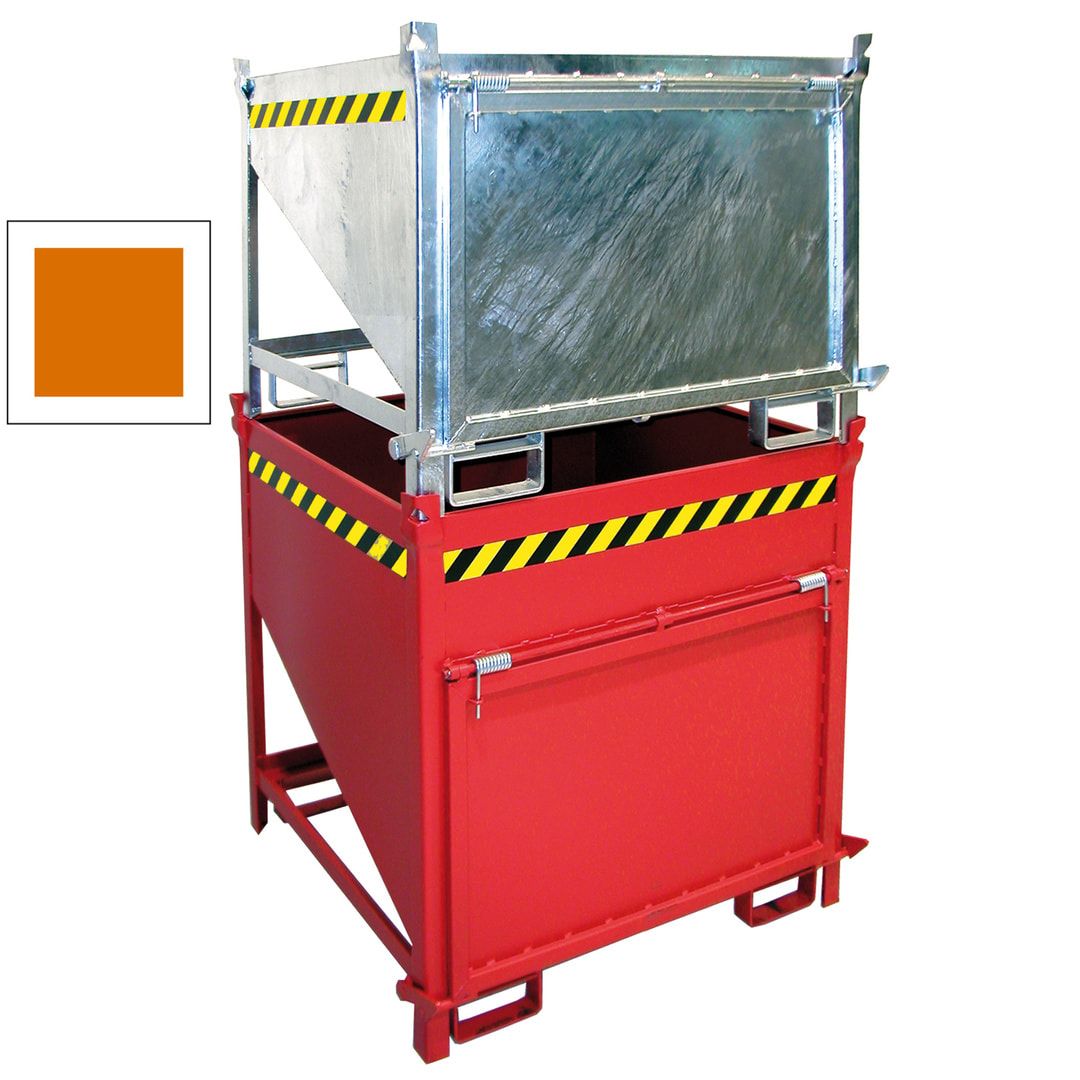 BAUER Schüttgutbehälter - Silobehälter - 500 l, 750kg - Farbe feuerrot, stirnseitige Klappe, Einfahrtaschen für Gabelstapler