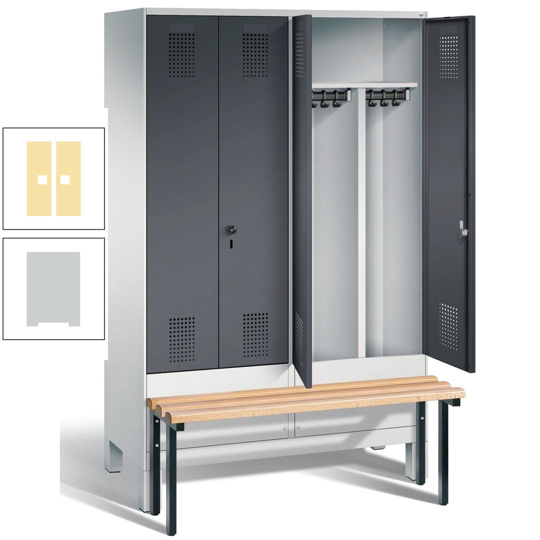 Doppel-Spind, Garderobenschrank, Buche Sitzbank vorgebaut, 4 Abteile a 300 mm, Korpus feuerrot, Tür Wasserblau, 1.850 x 1.200 x 815 mm (HxBxT)